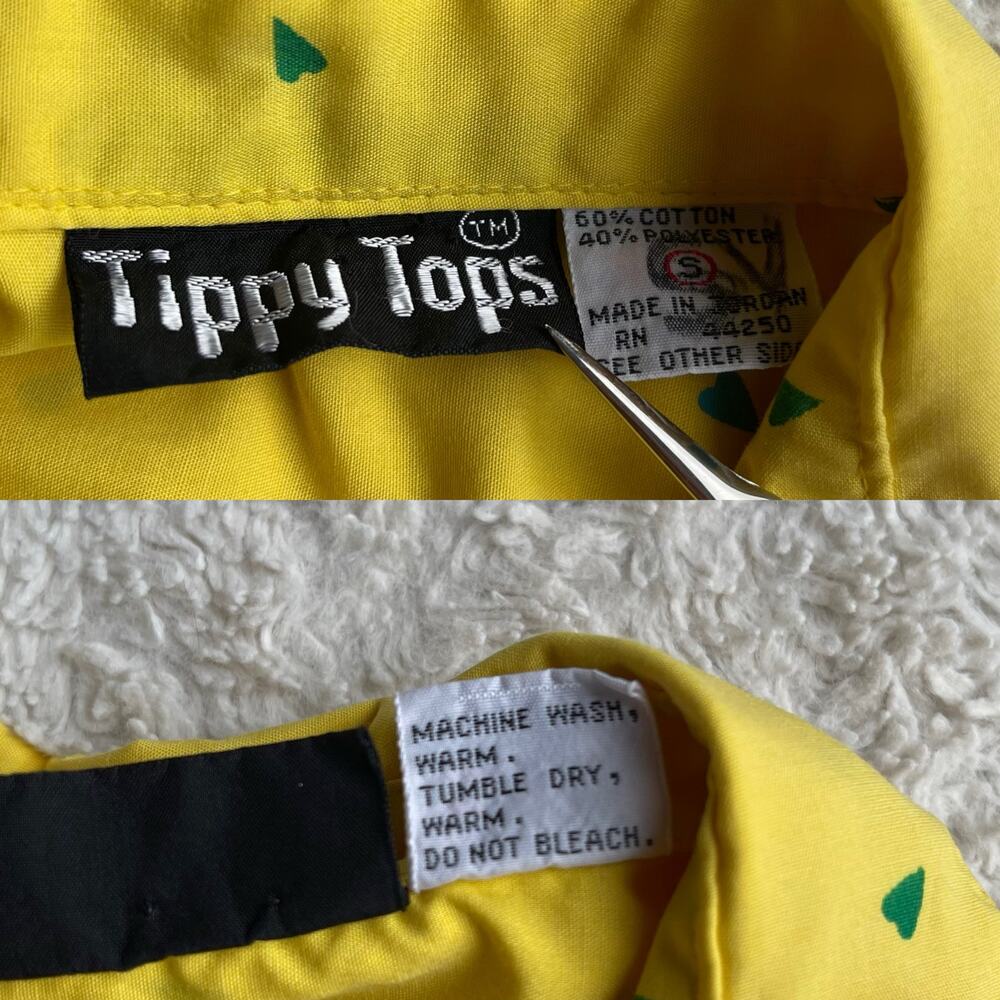 Vintage 80s 90s heart print yellow button-down shirt blouse oversized hearts S - Picture 4 of 17